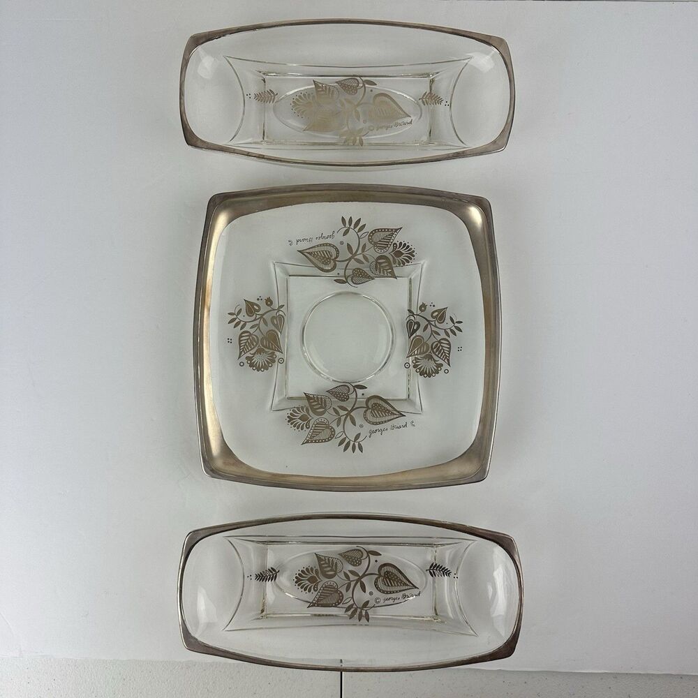Lot: 3 Vintage Georges Briard Silver Damask Glass Serving Dish Trays MCM Hostess